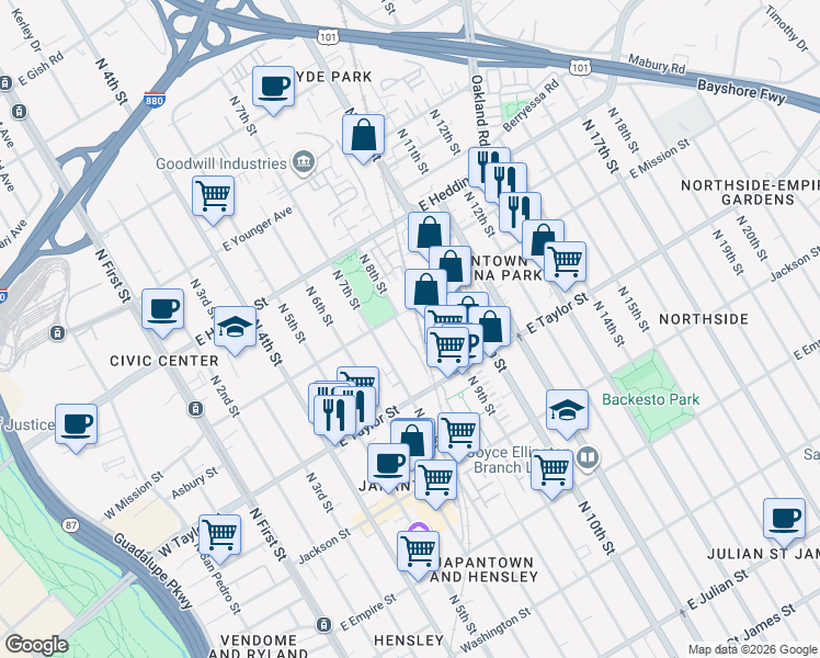 map of restaurants, bars, coffee shops, grocery stores, and more near 350 East Mission Street in San Jose