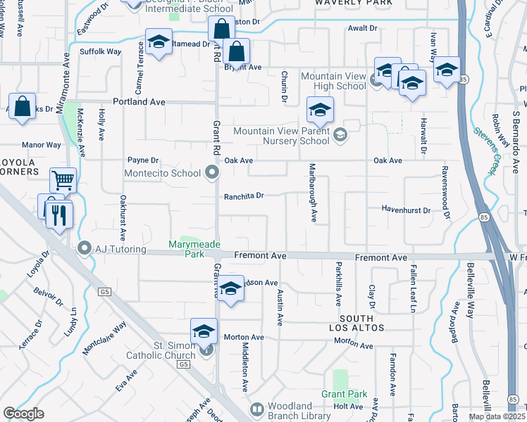 map of restaurants, bars, coffee shops, grocery stores, and more near 1401 Garthwick Drive in Los Altos