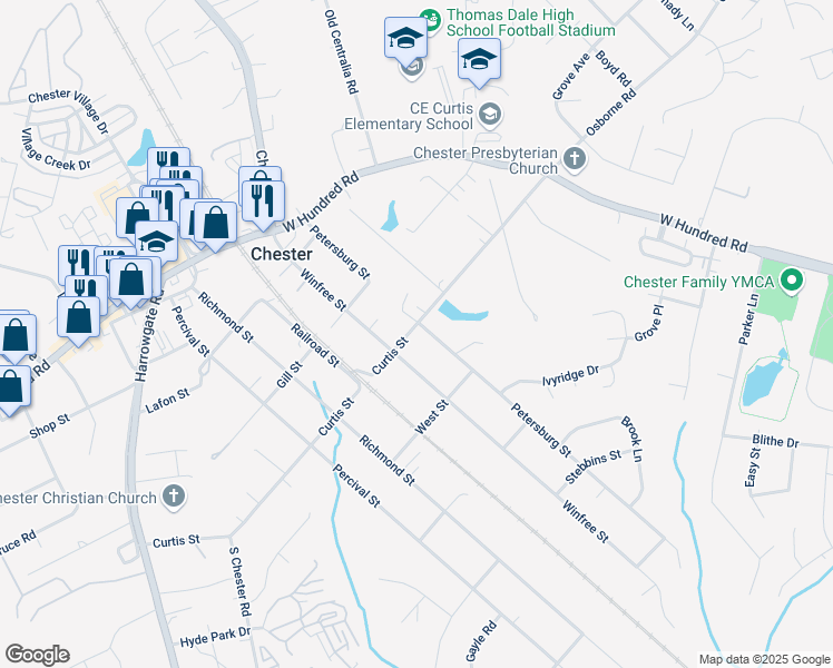 map of restaurants, bars, coffee shops, grocery stores, and more near 12300 Petersburg Street in Chester