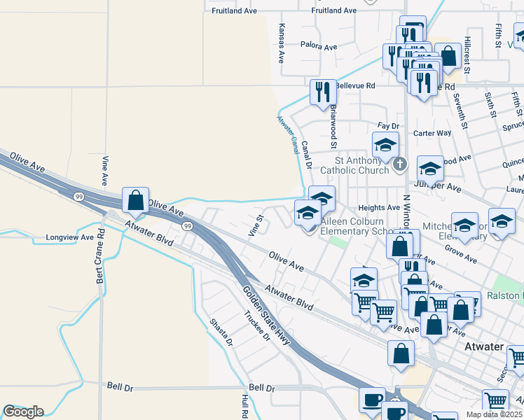 map of restaurants, bars, coffee shops, grocery stores, and more near 1209 Vine Street in Atwater