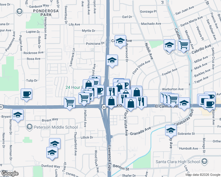 map of restaurants, bars, coffee shops, grocery stores, and more near 1705 Lawrence Road in Santa Clara