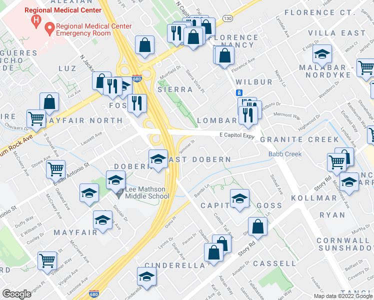 map of restaurants, bars, coffee shops, grocery stores, and more near 2396 Summer Street in San Jose