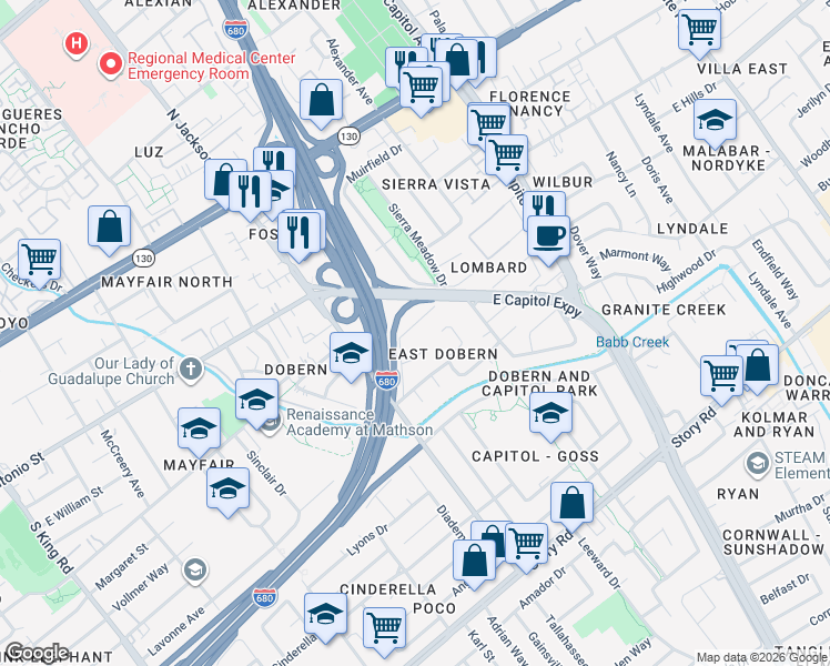 map of restaurants, bars, coffee shops, grocery stores, and more near 2396 Summer Street in San Jose