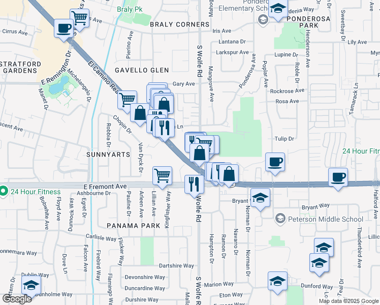 map of restaurants, bars, coffee shops, grocery stores, and more near 861 East El Camino Real in Sunnyvale