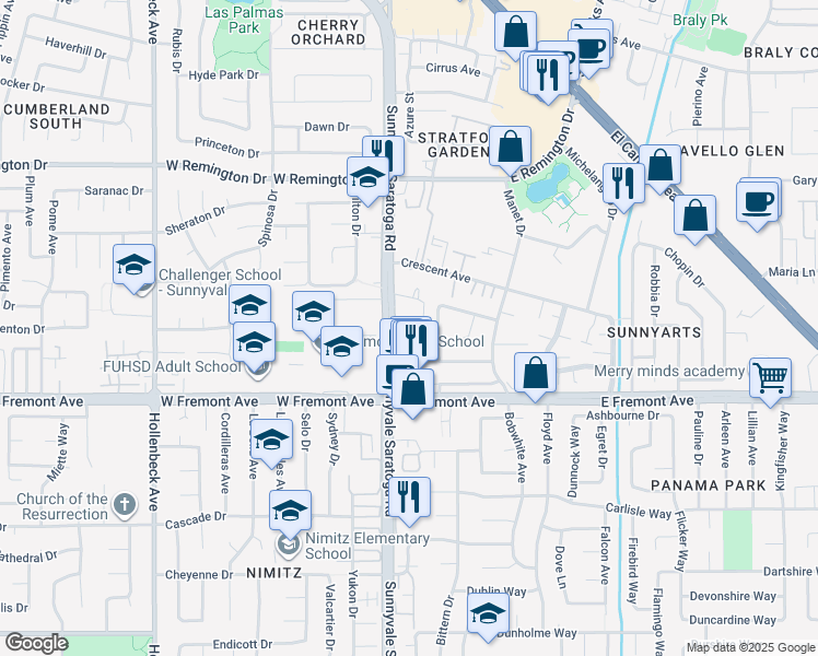 map of restaurants, bars, coffee shops, grocery stores, and more near 1162 Sunnyvale Saratoga Road in Sunnyvale