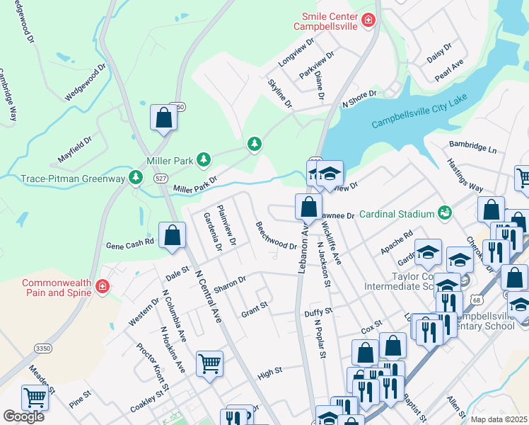 map of restaurants, bars, coffee shops, grocery stores, and more near 109 Patterson Court in Campbellsville