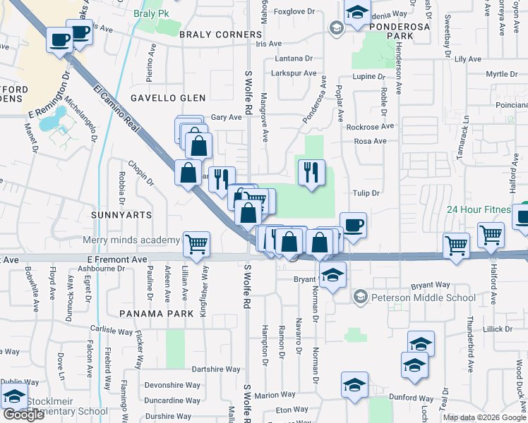 map of restaurants, bars, coffee shops, grocery stores, and more near 903 Sunrose Terrace in Sunnyvale
