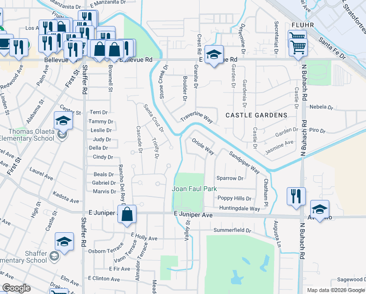 map of restaurants, bars, coffee shops, grocery stores, and more near 2121 Wexford Lane in Atwater