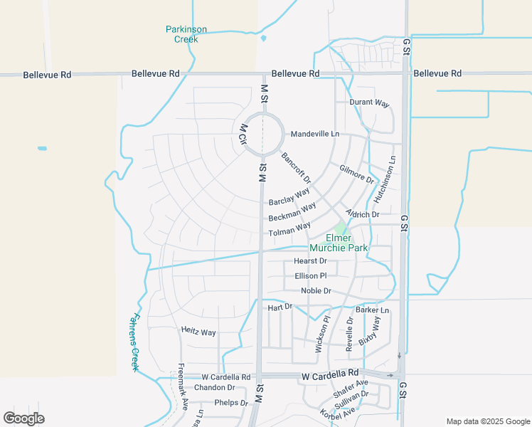 map of restaurants, bars, coffee shops, grocery stores, and more near 595 Beckman Way in Merced