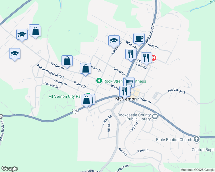 map of restaurants, bars, coffee shops, grocery stores, and more near 165 West Main Street in Mount Vernon