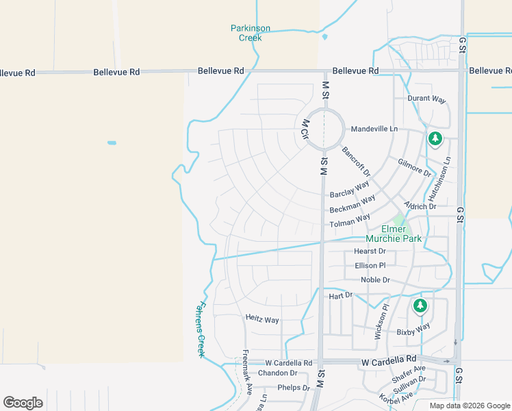map of restaurants, bars, coffee shops, grocery stores, and more near M Street in Merced