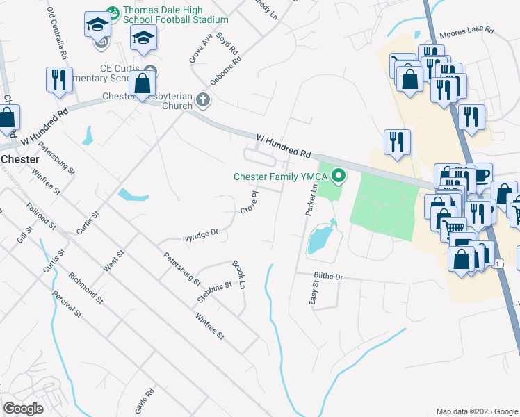 map of restaurants, bars, coffee shops, grocery stores, and more near 12321 Grove Place in Chester
