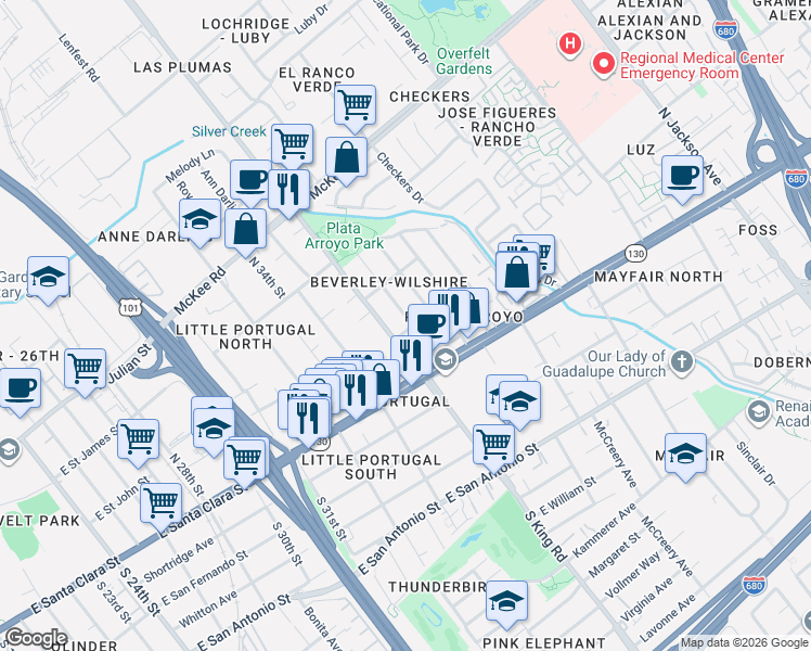 map of restaurants, bars, coffee shops, grocery stores, and more near 84 North King Road in San Jose