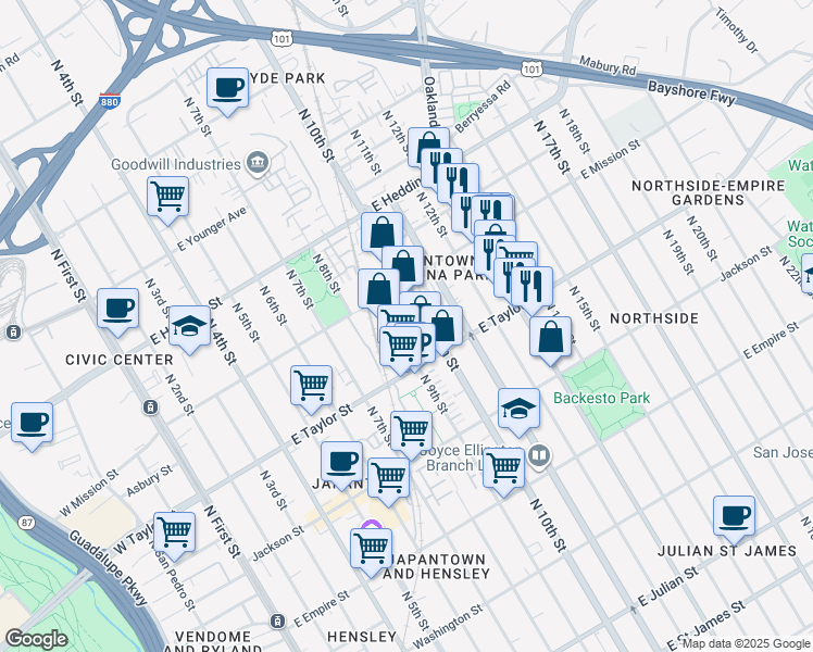 map of restaurants, bars, coffee shops, grocery stores, and more near 741 North 10th Street in San Jose
