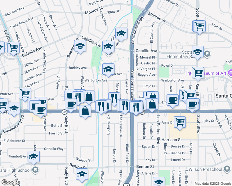map of restaurants, bars, coffee shops, grocery stores, and more near 1745 Higgins Avenue in Santa Clara