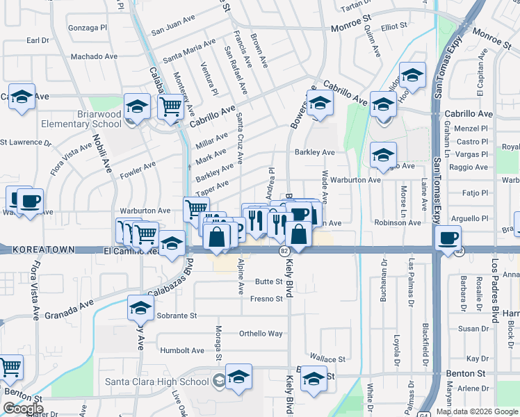 map of restaurants, bars, coffee shops, grocery stores, and more near 1720 Jeffery Court in Santa Clara