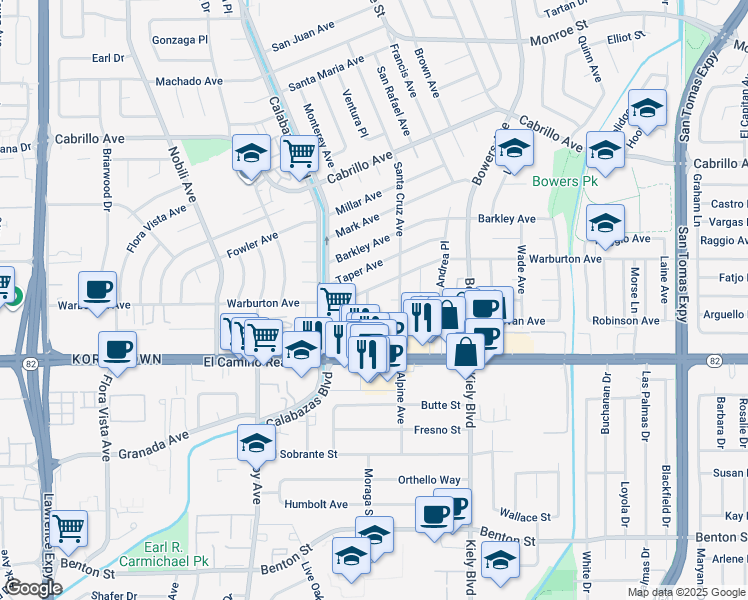 map of restaurants, bars, coffee shops, grocery stores, and more near 2963 Sally Court in Santa Clara