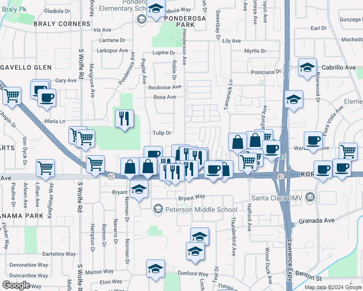 map of restaurants, bars, coffee shops, grocery stores, and more near 1215 Henderson Avenue in Sunnyvale
