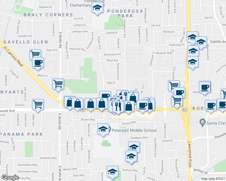 map of restaurants, bars, coffee shops, grocery stores, and more near 1227 Valerian Court in Sunnyvale