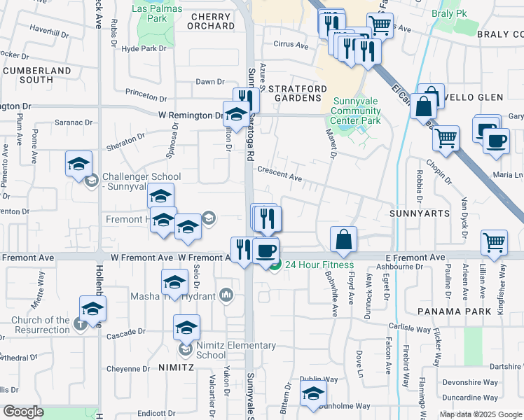 map of restaurants, bars, coffee shops, grocery stores, and more near 1239 Gainsborough Drive in Sunnyvale