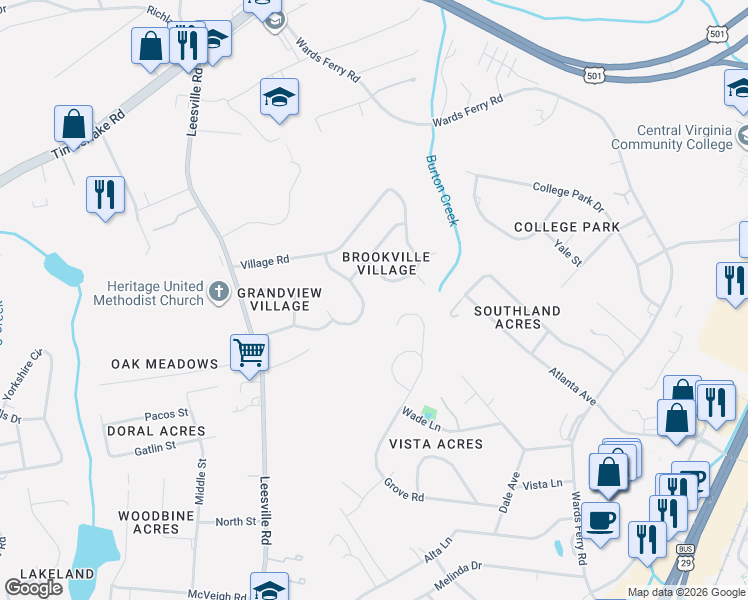 map of restaurants, bars, coffee shops, grocery stores, and more near 103 Wooldridge Circle in Lynchburg
