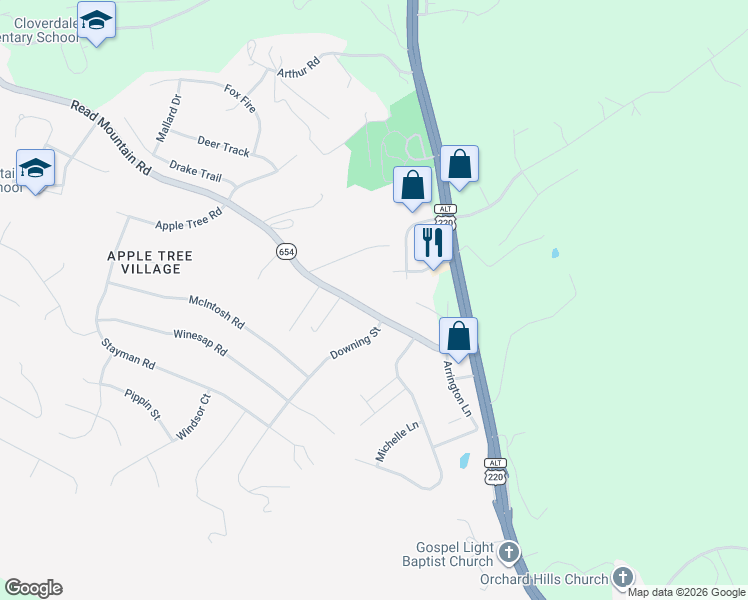 map of restaurants, bars, coffee shops, grocery stores, and more near 3288 Read Mountain Road in Roanoke