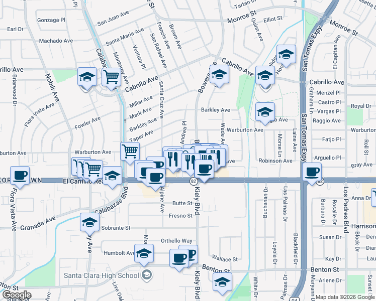 map of restaurants, bars, coffee shops, grocery stores, and more near 2831 Fargher Drive in Santa Clara