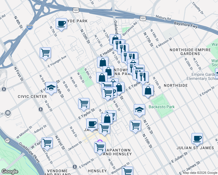 map of restaurants, bars, coffee shops, grocery stores, and more near 415 East Taylor Street in San Jose