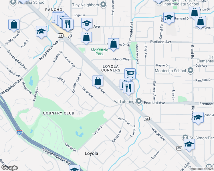 map of restaurants, bars, coffee shops, grocery stores, and more near 1500 Frontero Avenue in Los Altos