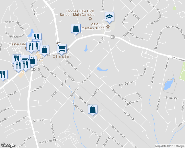 map of restaurants, bars, coffee shops, grocery stores, and more near 12300 Petersburg Street in Chester