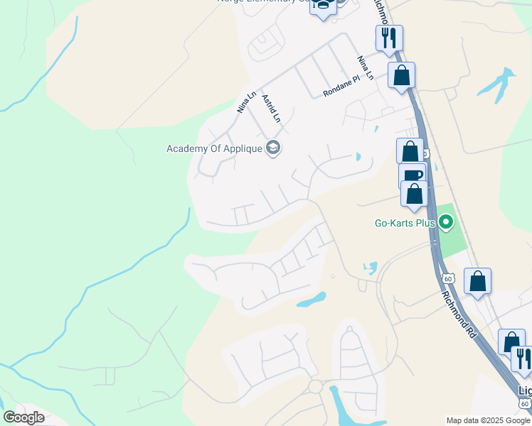 map of restaurants, bars, coffee shops, grocery stores, and more near 6844 Arthur Hills Drive in Williamsburg