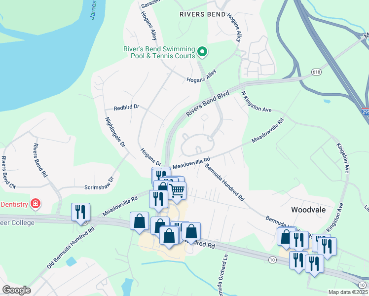 map of restaurants, bars, coffee shops, grocery stores, and more near 713 Green Garden Circle in Chester