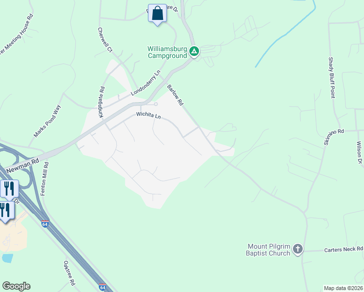 map of restaurants, bars, coffee shops, grocery stores, and more near 115 Nina Circle in Williamsburg