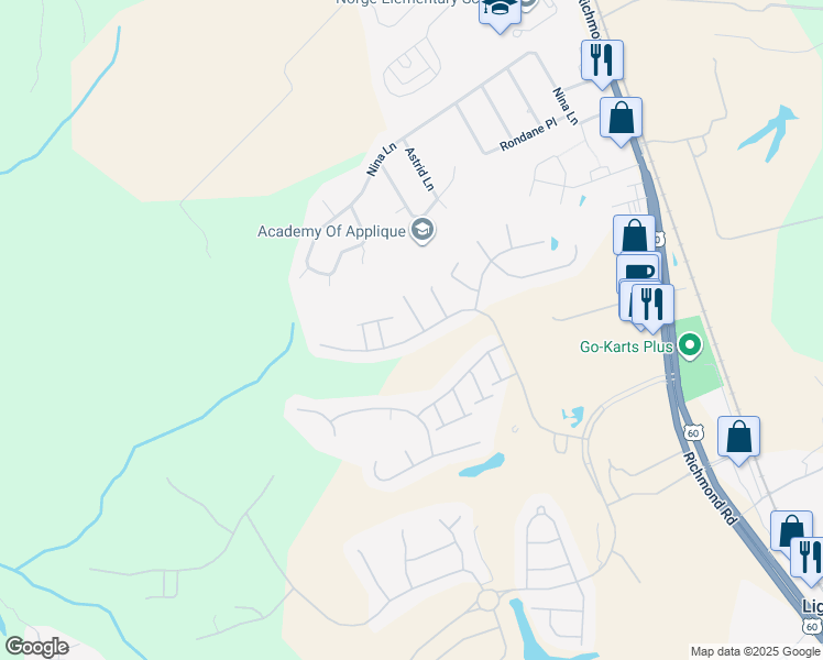 map of restaurants, bars, coffee shops, grocery stores, and more near 6844 Arthur Hills Drive in Williamsburg