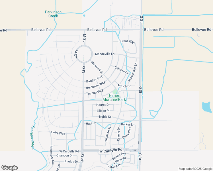 map of restaurants, bars, coffee shops, grocery stores, and more near 445 Tolman Way in Merced