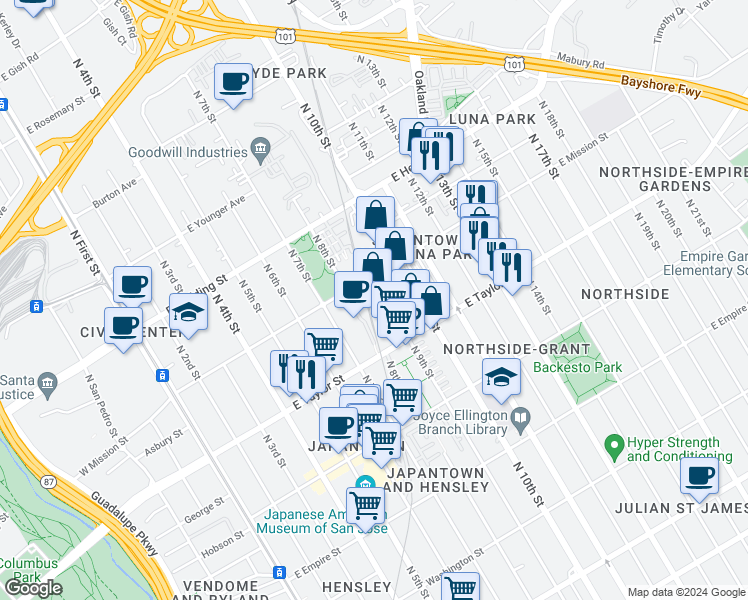 map of restaurants, bars, coffee shops, grocery stores, and more near 385 East Taylor Street in San Jose