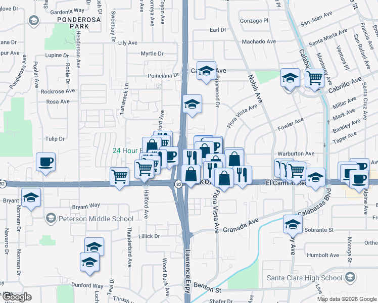 map of restaurants, bars, coffee shops, grocery stores, and more near 1705 Lawrence Road in Santa Clara