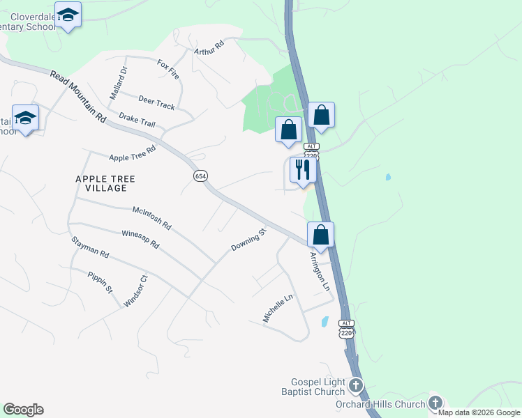 map of restaurants, bars, coffee shops, grocery stores, and more near 3288 Read Mountain Road in Roanoke