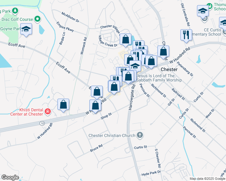 map of restaurants, bars, coffee shops, grocery stores, and more near 4500 West Hundred Road in Chester