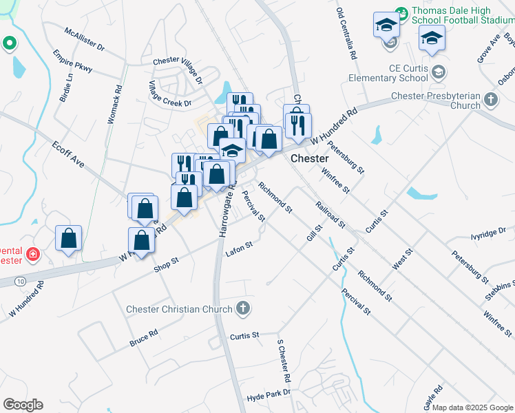 map of restaurants, bars, coffee shops, grocery stores, and more near 12119 Percival Street in Chester