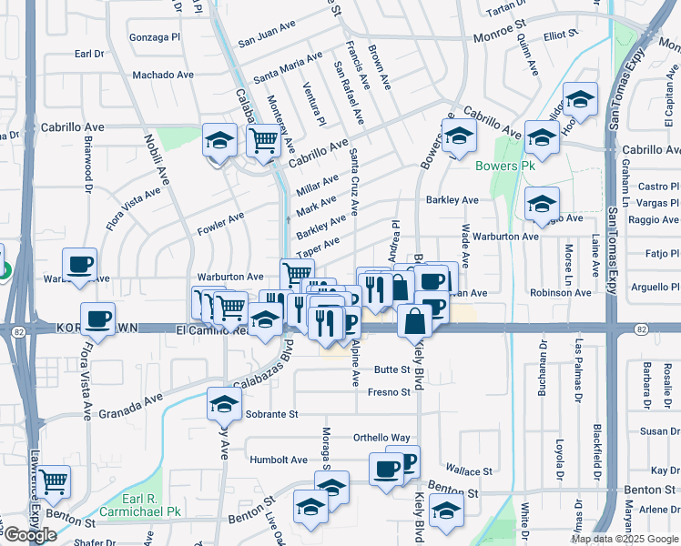 map of restaurants, bars, coffee shops, grocery stores, and more near 2963 Sally Court in Santa Clara