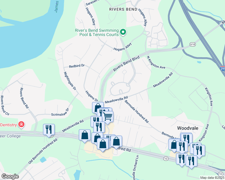 map of restaurants, bars, coffee shops, grocery stores, and more near 713 Green Garden Circle in Chester