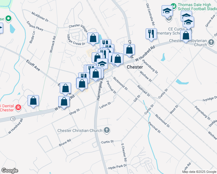 map of restaurants, bars, coffee shops, grocery stores, and more near 12119 Percival Street in Chester