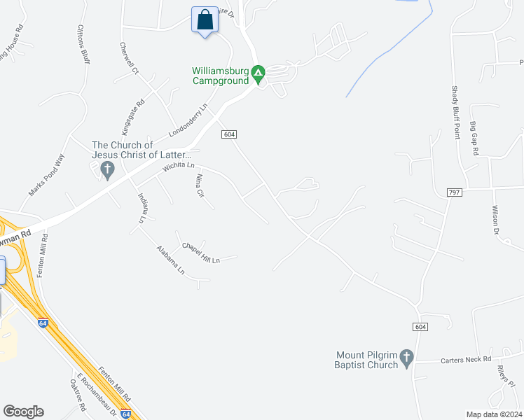 map of restaurants, bars, coffee shops, grocery stores, and more near 207 Wichita Lane in Williamsburg