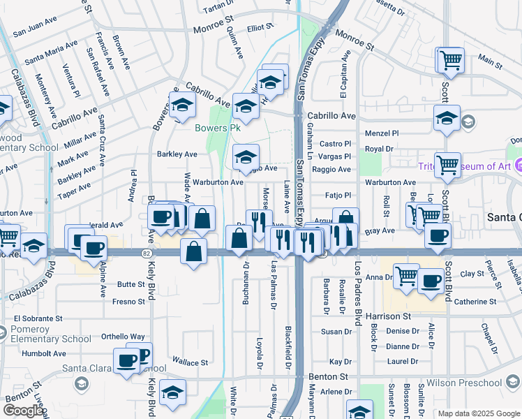 map of restaurants, bars, coffee shops, grocery stores, and more near 1745 Higgins Avenue in Santa Clara