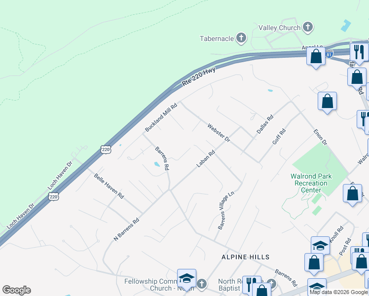 map of restaurants, bars, coffee shops, grocery stores, and more near 6614 Sherry Road in Hollins