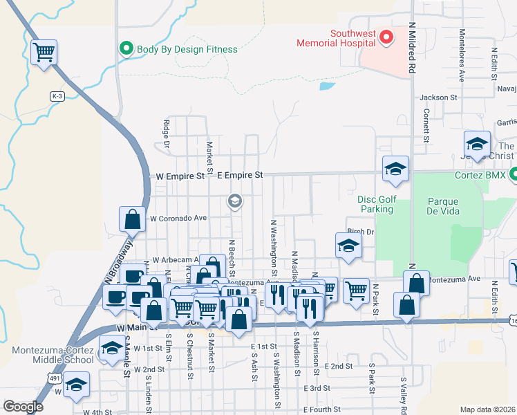 map of restaurants, bars, coffee shops, grocery stores, and more near 508 North Ash Street in Cortez