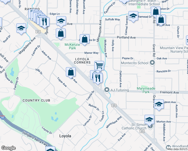 map of restaurants, bars, coffee shops, grocery stores, and more near 963 Dolores Avenue in Los Altos