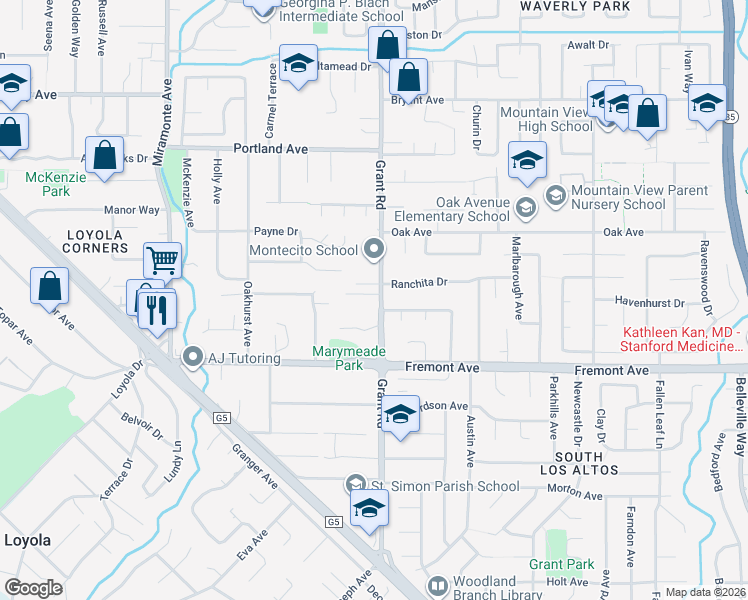 map of restaurants, bars, coffee shops, grocery stores, and more near 1505 Grant Road in Los Altos