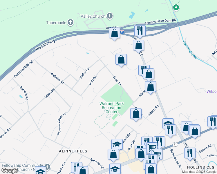 map of restaurants, bars, coffee shops, grocery stores, and more near 7009 Tinkerdale Road in Hollins